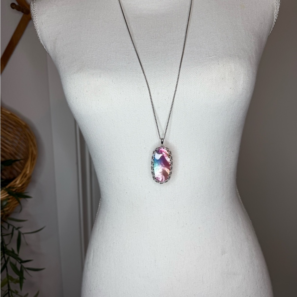 Kendra Scott Reid Long Pendant Necklace Iridescent Abalone Silver Tone